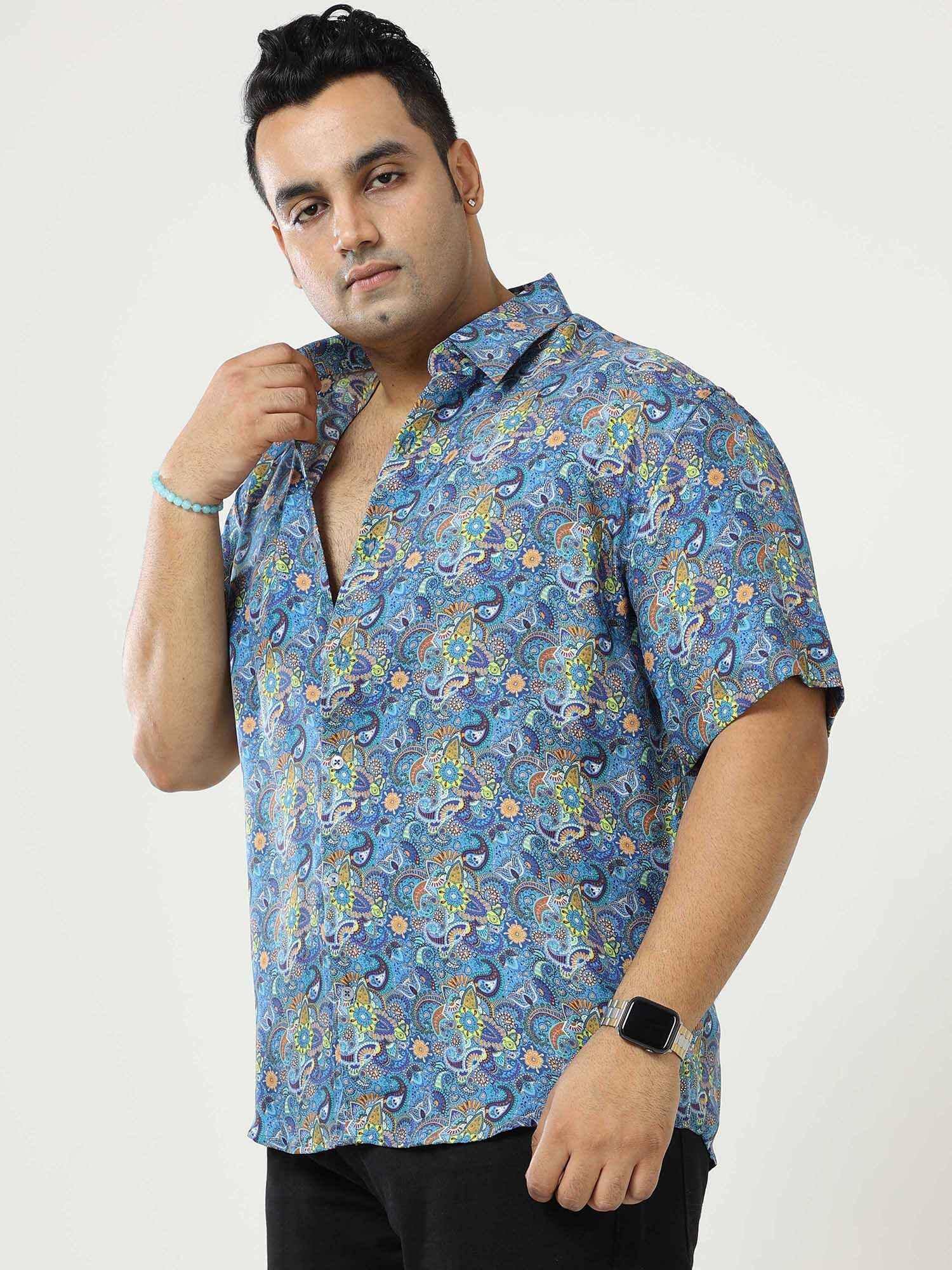 Vintage Paisley Printed Silk Half Shirt Men's Plus Size - Guniaa Fashions