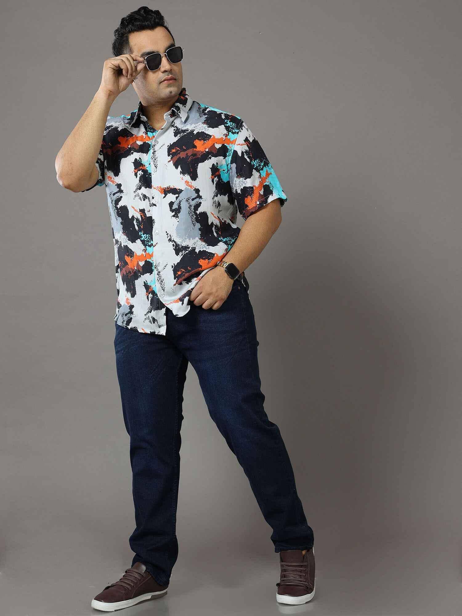 Volcano Printed Silk Half Shirt Men's Plus Size - Guniaa Fashions