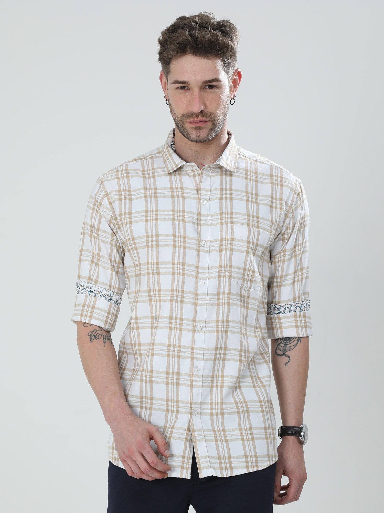 White and Cream Checkered Cotton Shirt - Guniaa Fashions