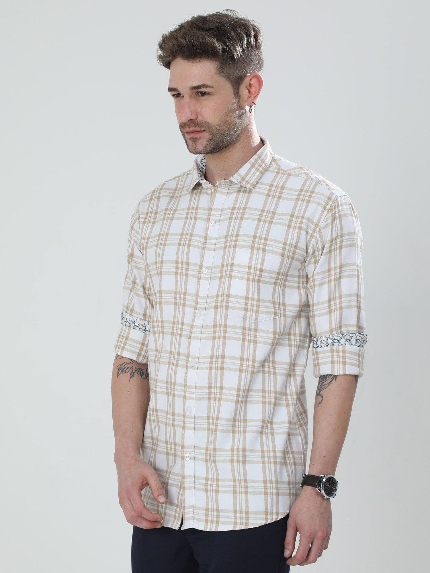 White and Cream Checkered Cotton Shirt - Guniaa Fashions