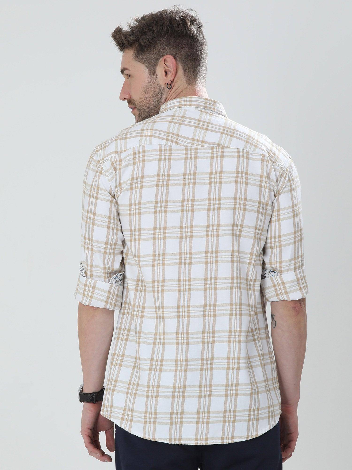 White and Cream Checkered Cotton Shirt - Guniaa Fashions