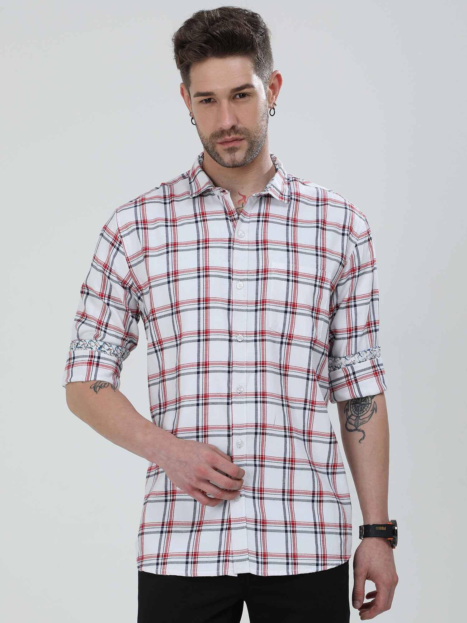 White and Red Checkered Cotton Shirt - Guniaa Fashions