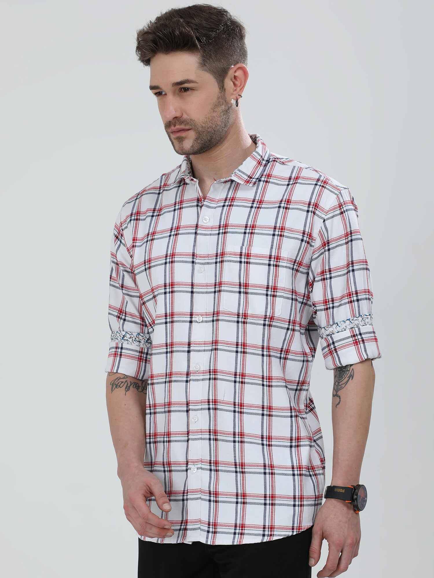 White and Red Checkered Cotton Shirt - Guniaa Fashions