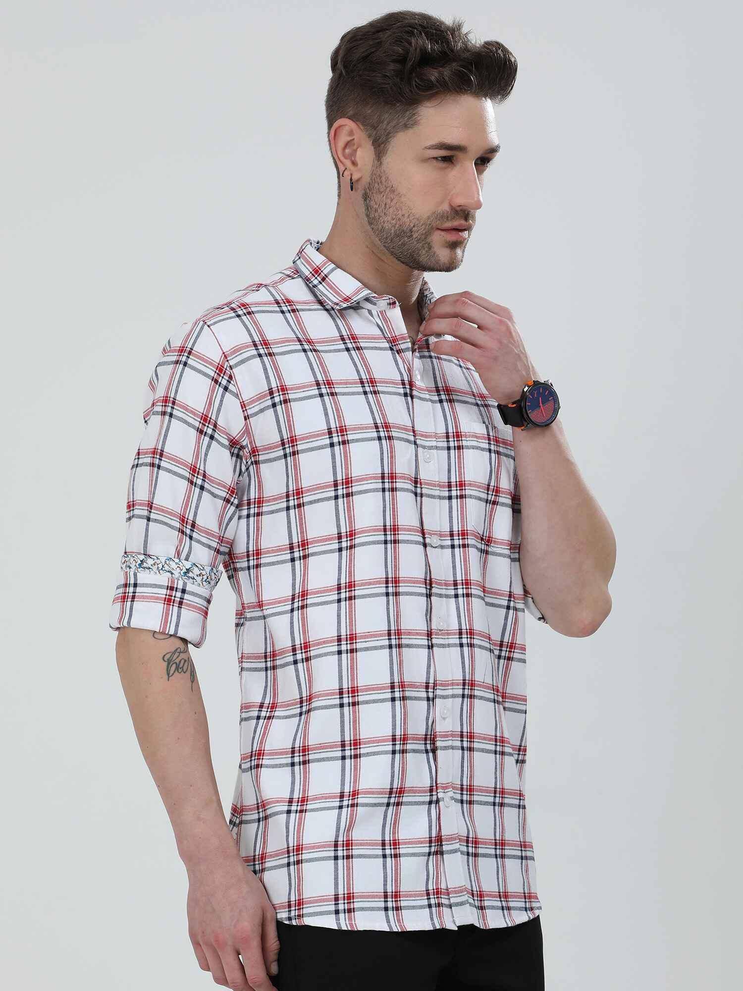 White and Red Checkered Cotton Shirt - Guniaa Fashions