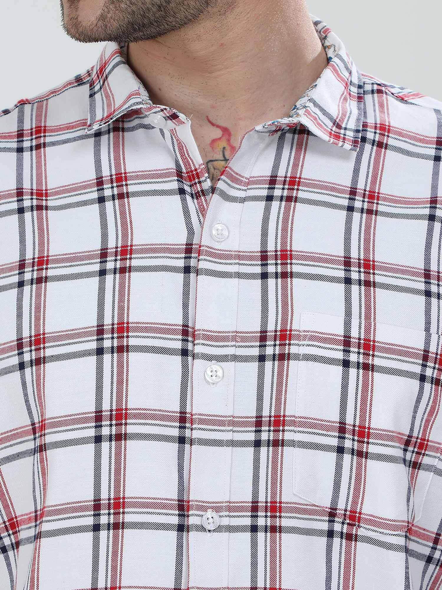 White and Red Checkered Cotton Shirt - Guniaa Fashions