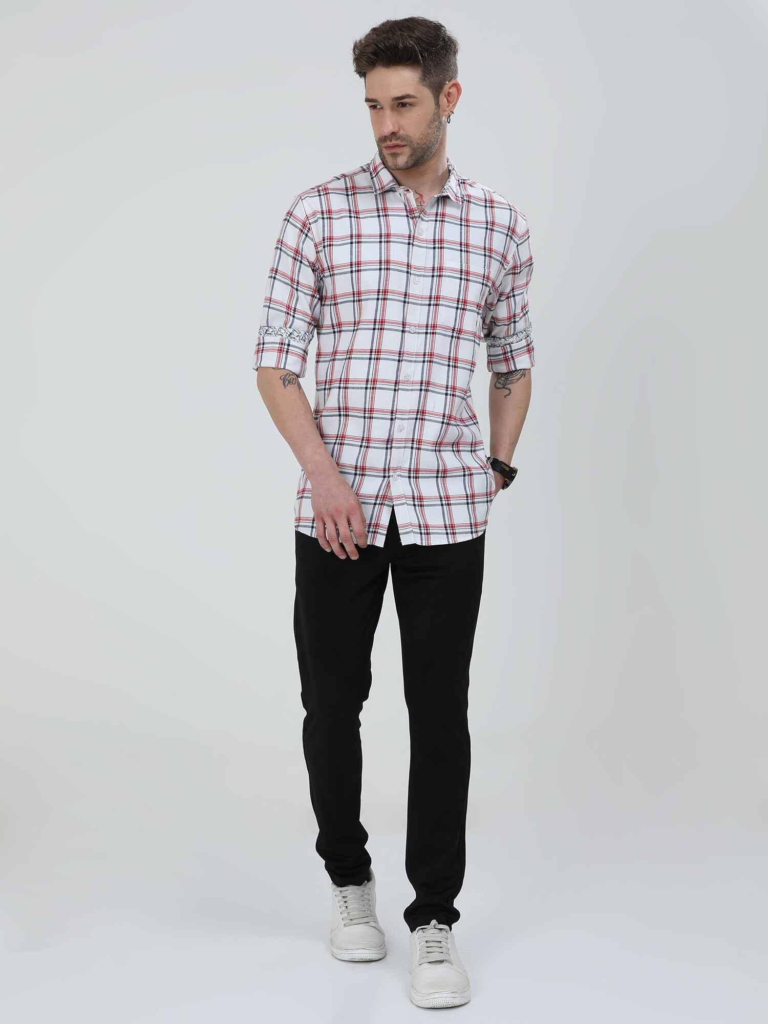 White and Red Checkered Cotton Shirt - Guniaa Fashions
