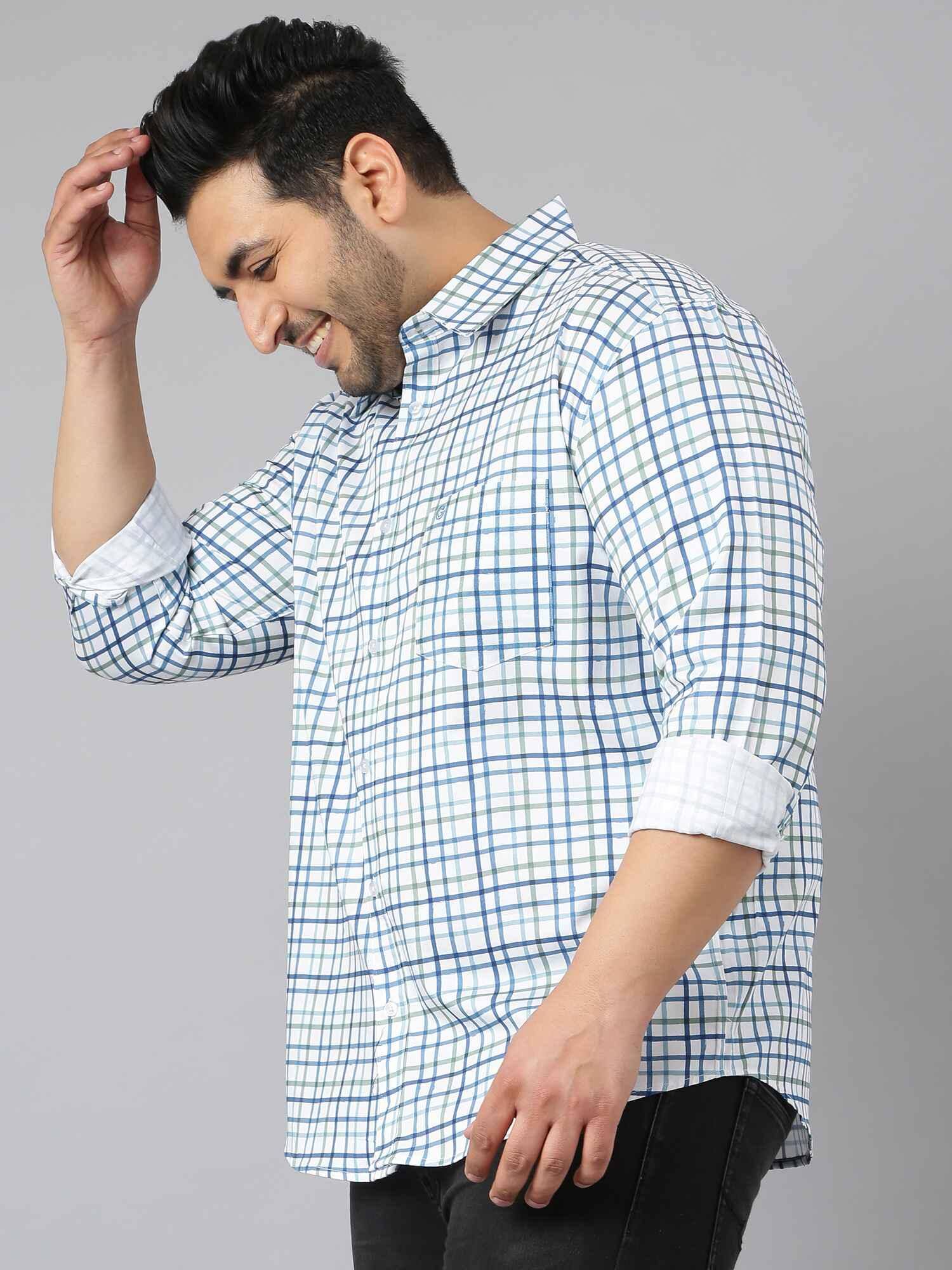 White Blue Green Checks Shirt Men's Plus Size - Guniaa Fashions