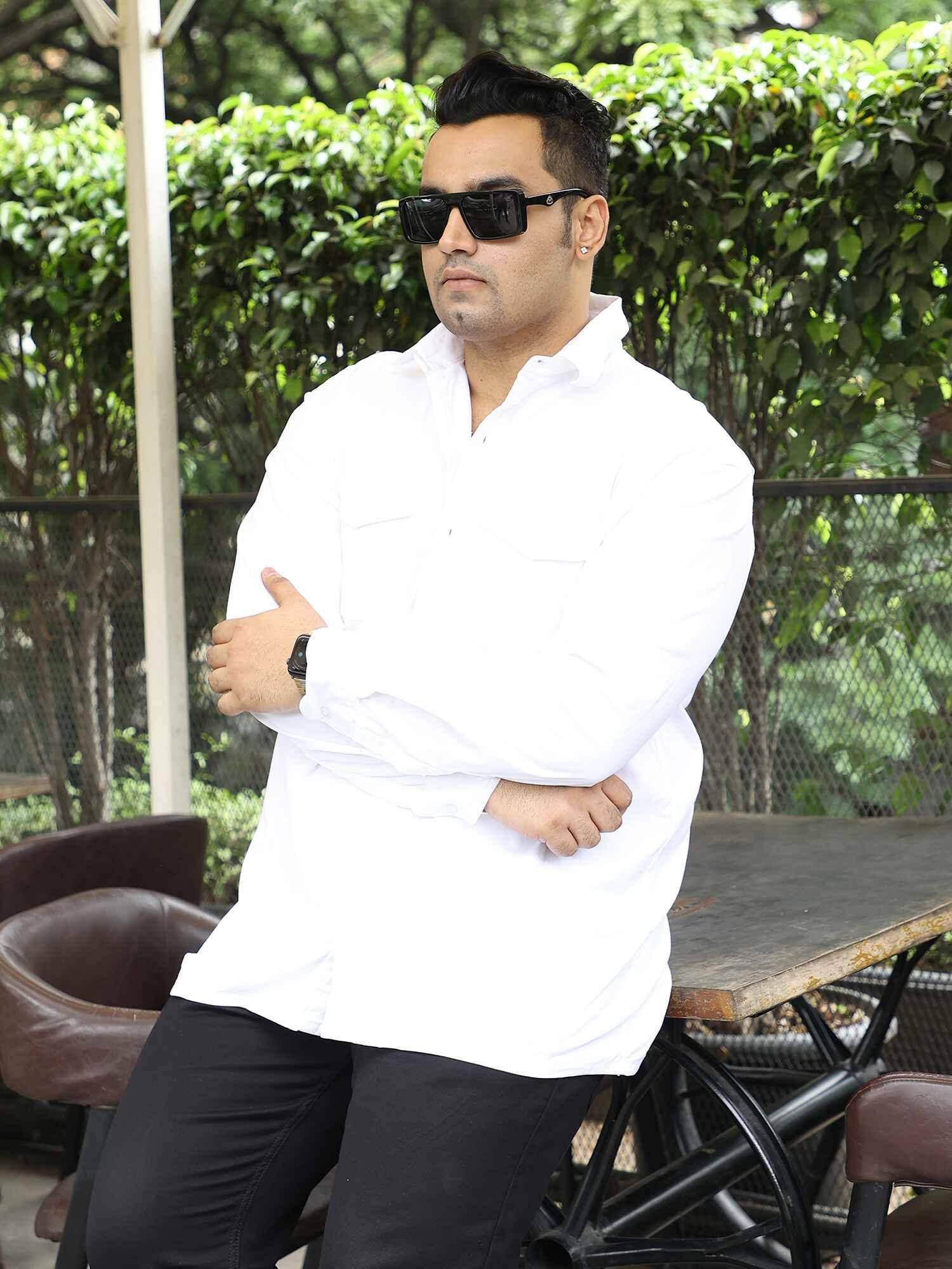 White Denim Lycra Double Pocket Full Shirt Men's Plus Size - Guniaa Fashions