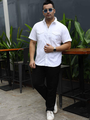 White Denim Lycra Double Pocket Half Shirt Men's Plus Size - Guniaa Fashions