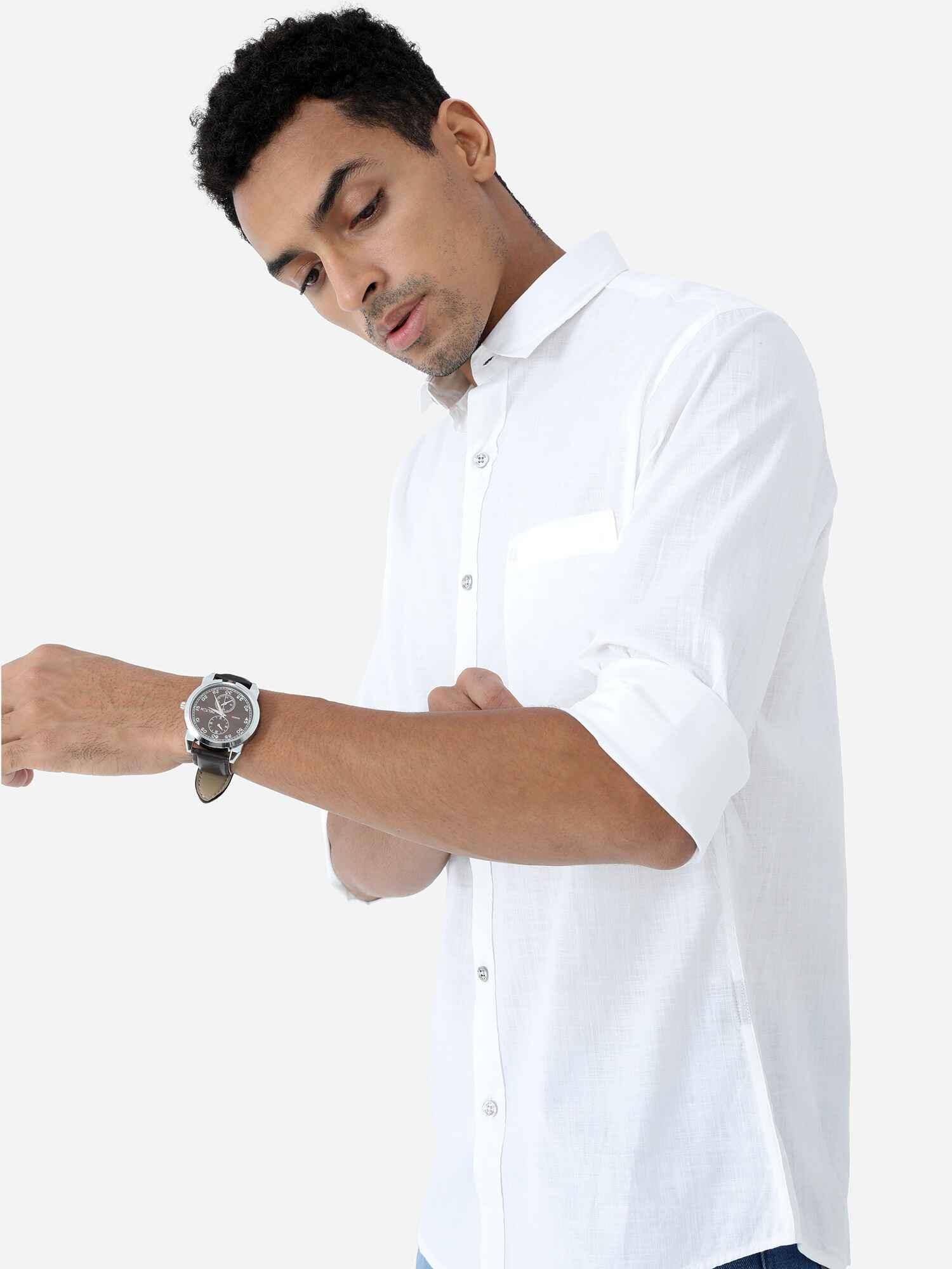 White Solid Cotton Full Sleeve Shirt - Guniaa Fashions