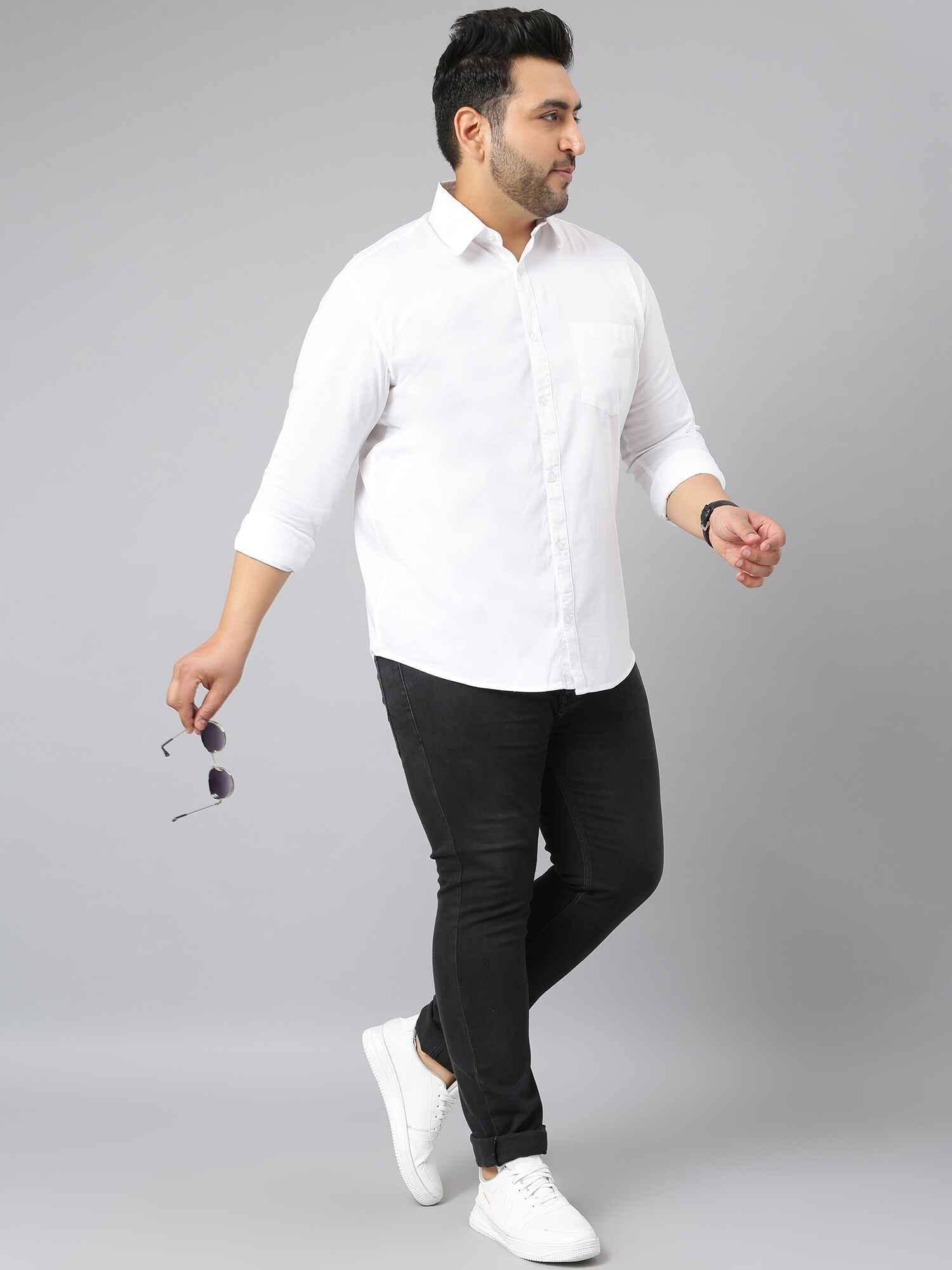 White Solid Stretchable Cotton Shirt Men's Plus Size - Guniaa Fashions