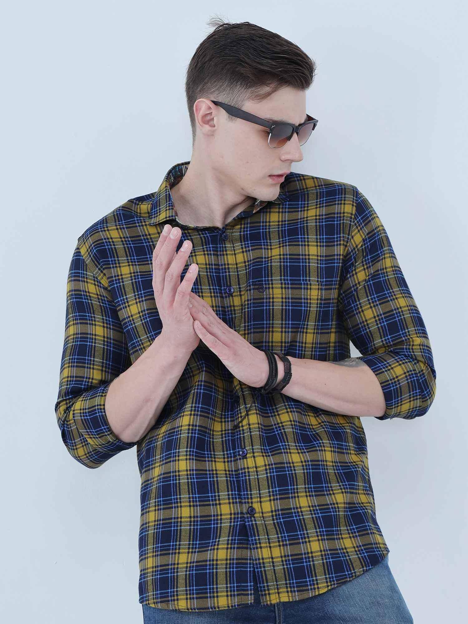 Yellow and Navy Blue Checkered Full Shirt - Guniaa Fashions