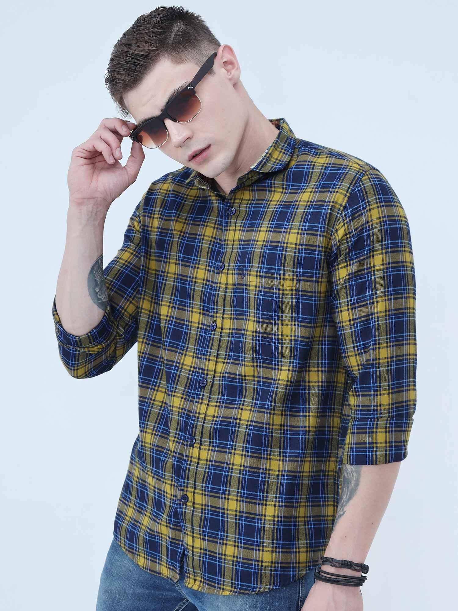 Yellow and Navy Blue Checkered Full Shirt - Guniaa Fashions