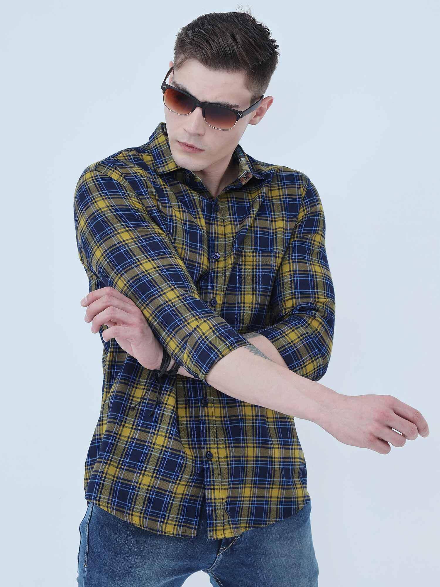 Yellow and Navy Blue Checkered Full Shirt - Guniaa Fashions