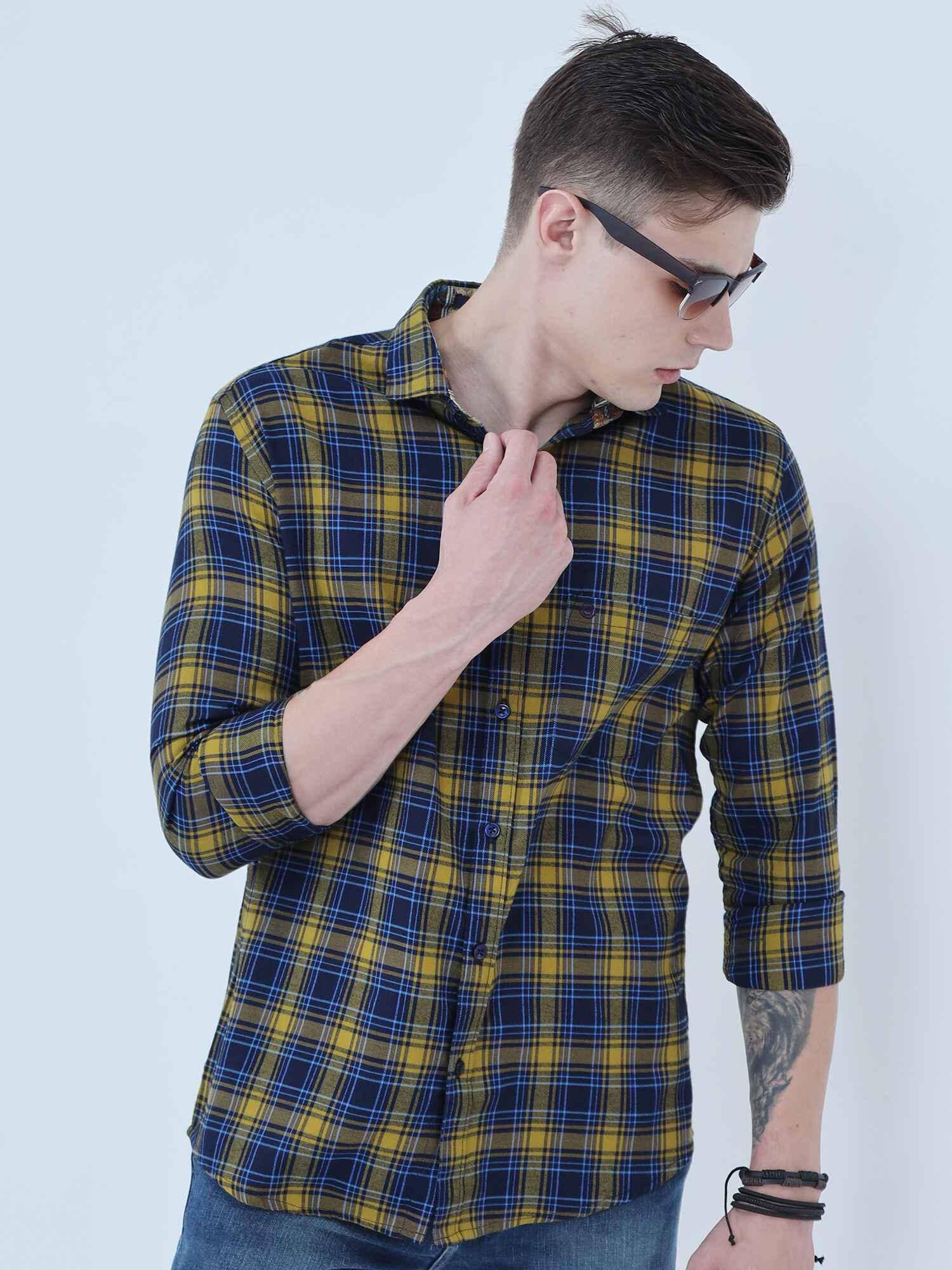 Yellow and Navy Blue Checkered Full Shirt - Guniaa Fashions