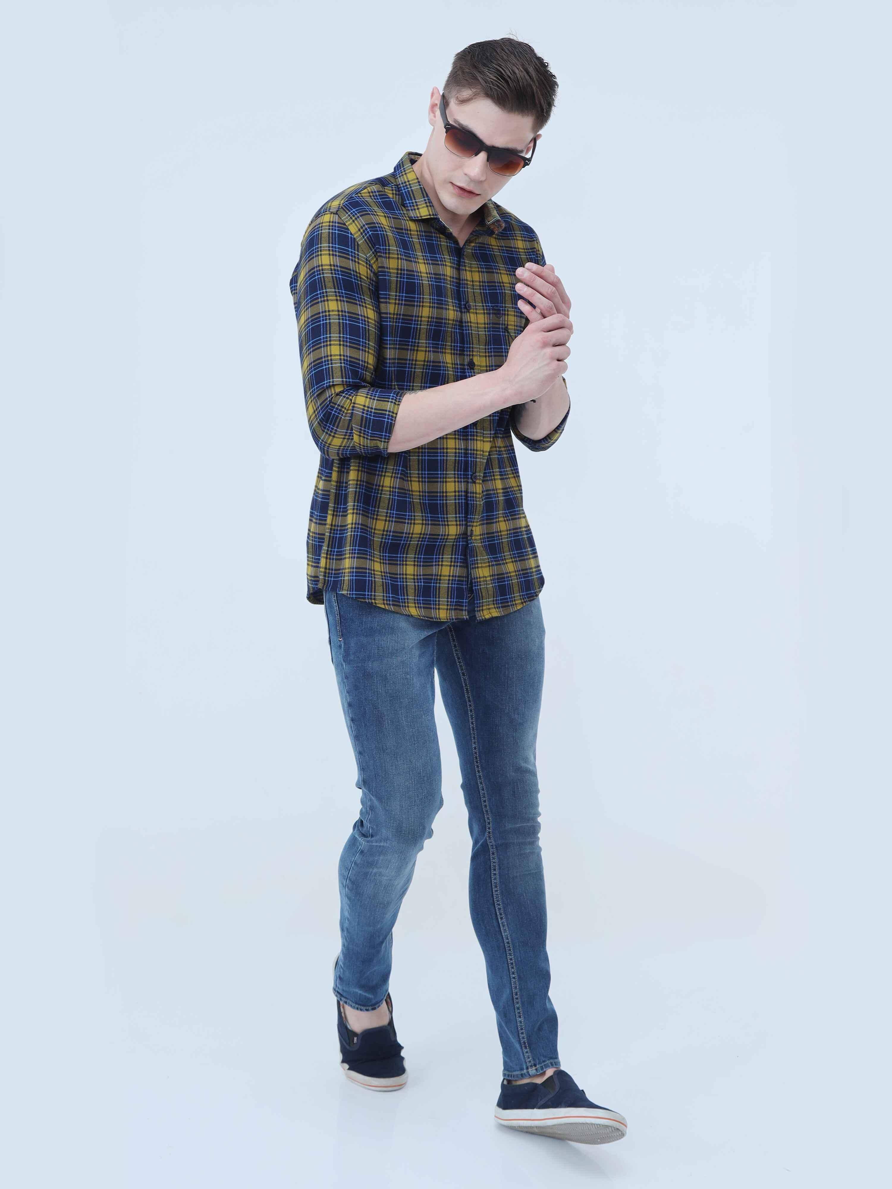 Yellow and Navy Blue Checkered Full Shirt - Guniaa Fashions