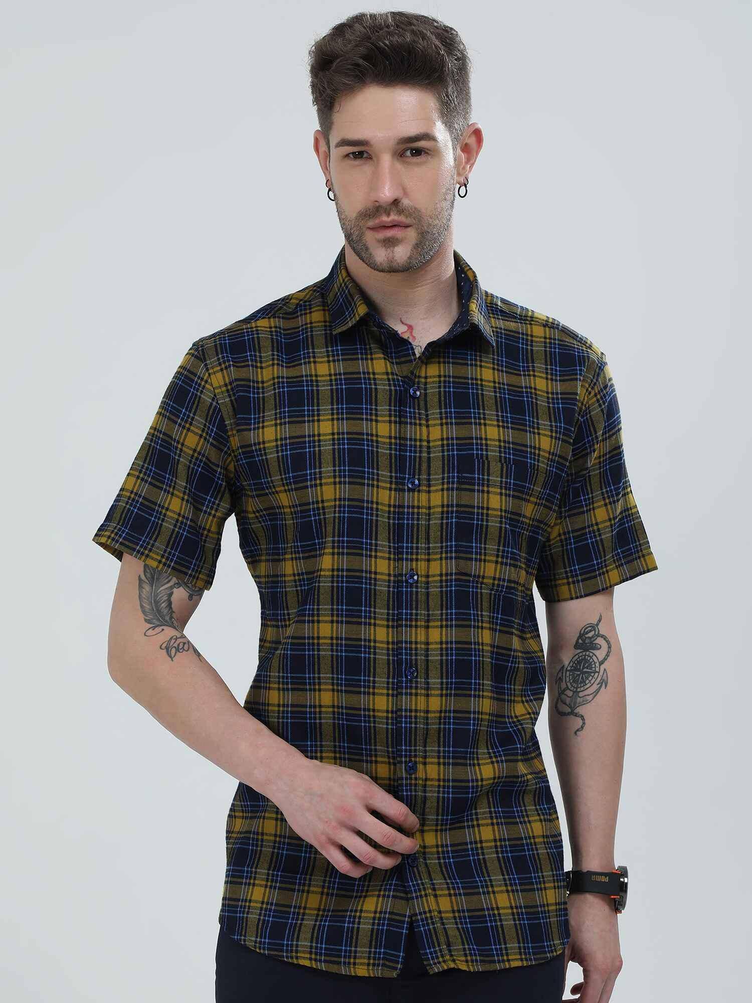 Yellow and Navy Blue Checkered Shirt - Guniaa Fashions
