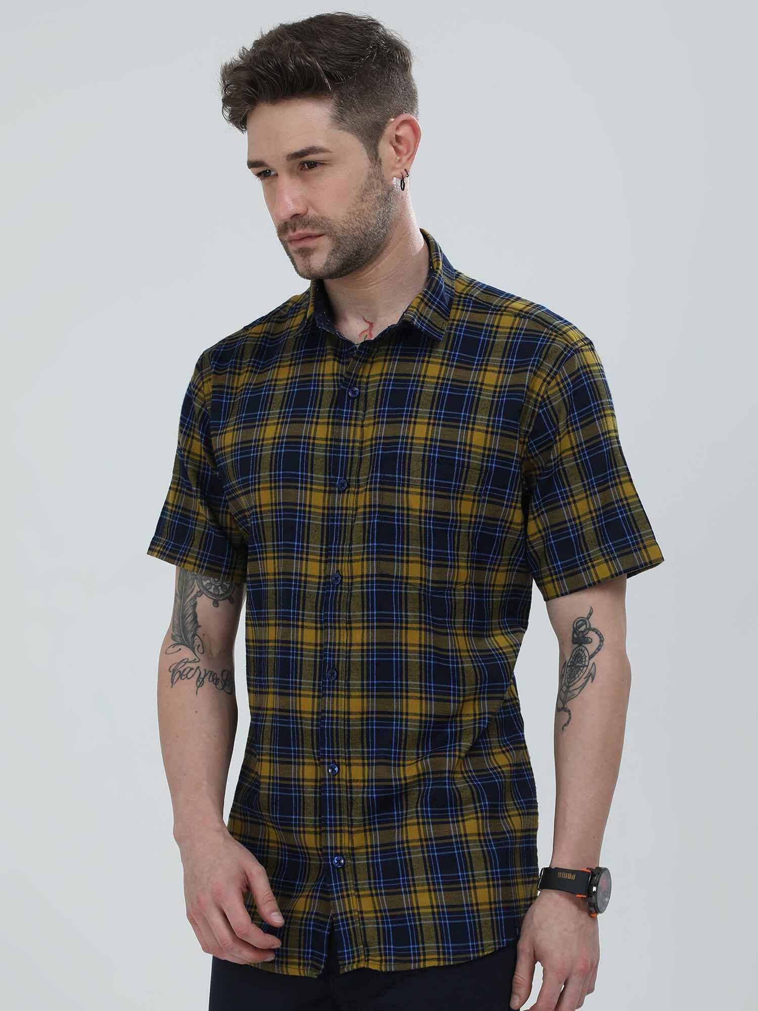 Yellow and Navy Blue Checkered Shirt - Guniaa Fashions