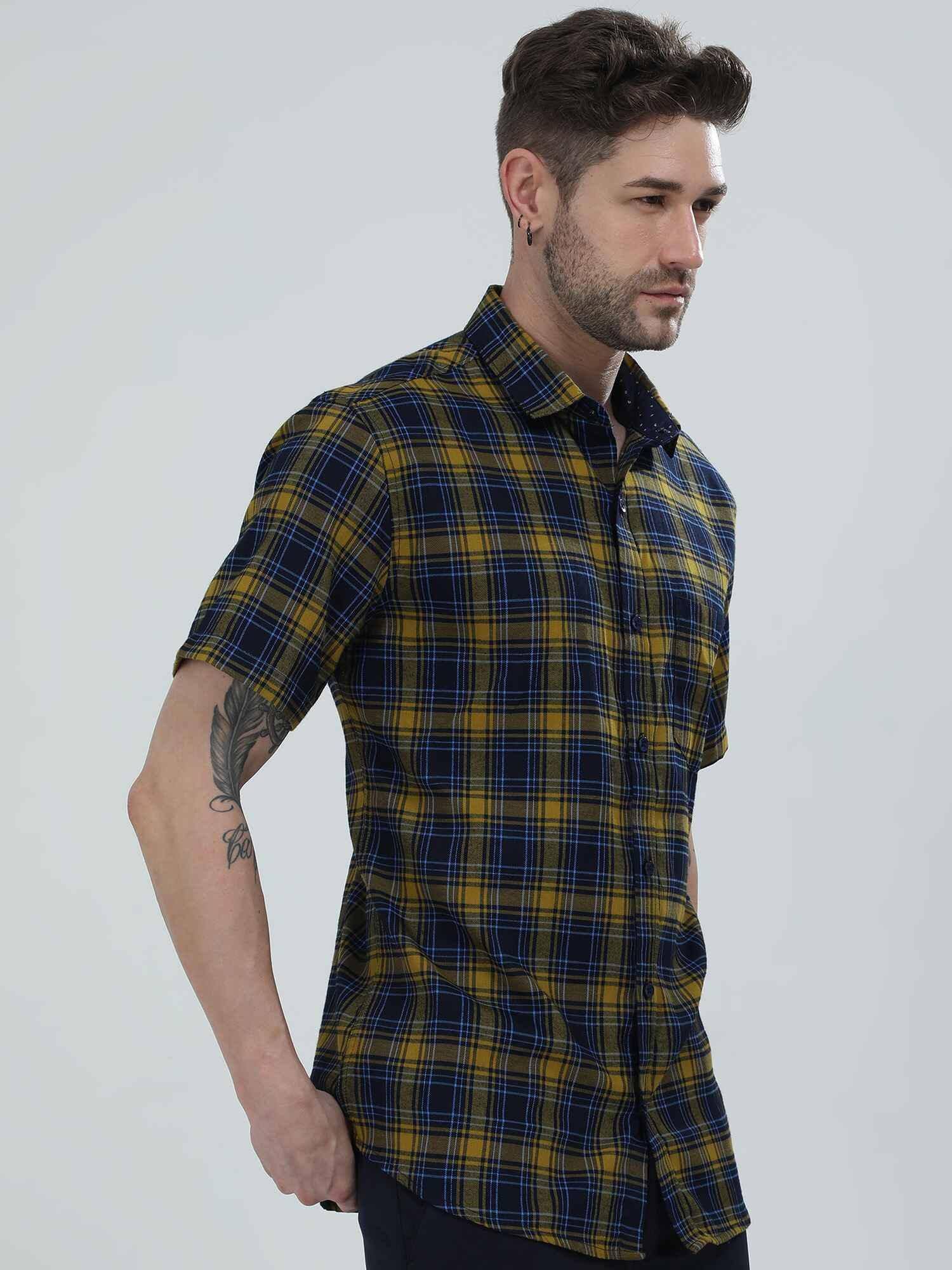 Yellow and Navy Blue Checkered Shirt - Guniaa Fashions