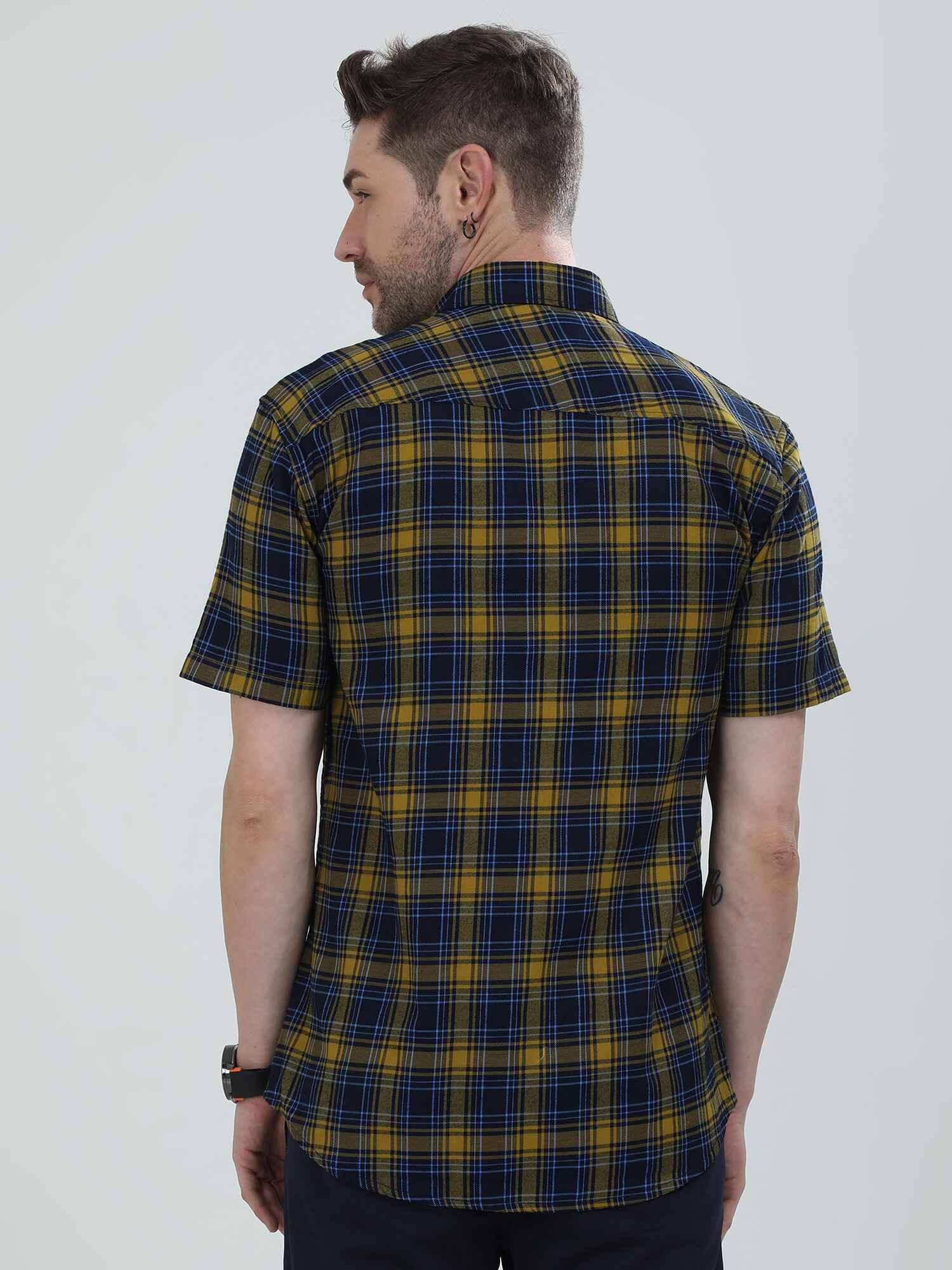 Yellow and Navy Blue Checkered Shirt - Guniaa Fashions