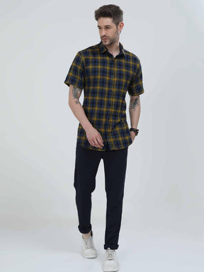 Yellow and Navy Blue Checkered Shirt - Guniaa Fashions