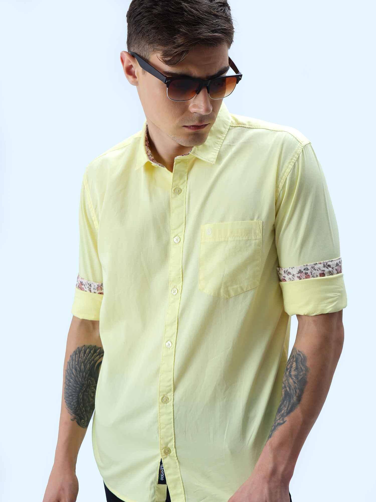 Yellow Solid Cotton Full Sleeve Shirt - Guniaa Fashions