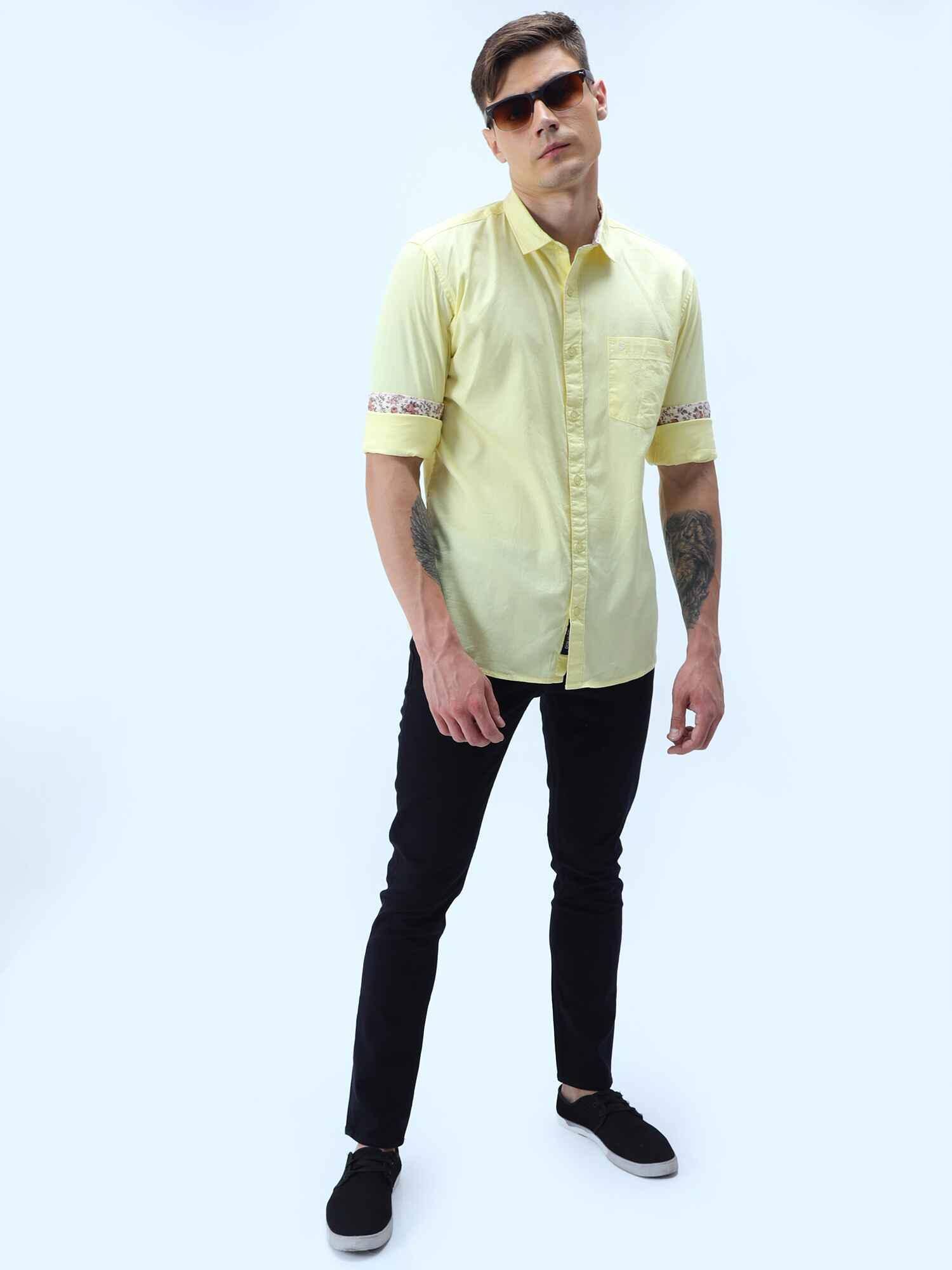 Yellow Solid Cotton Full Sleeve Shirt - Guniaa Fashions